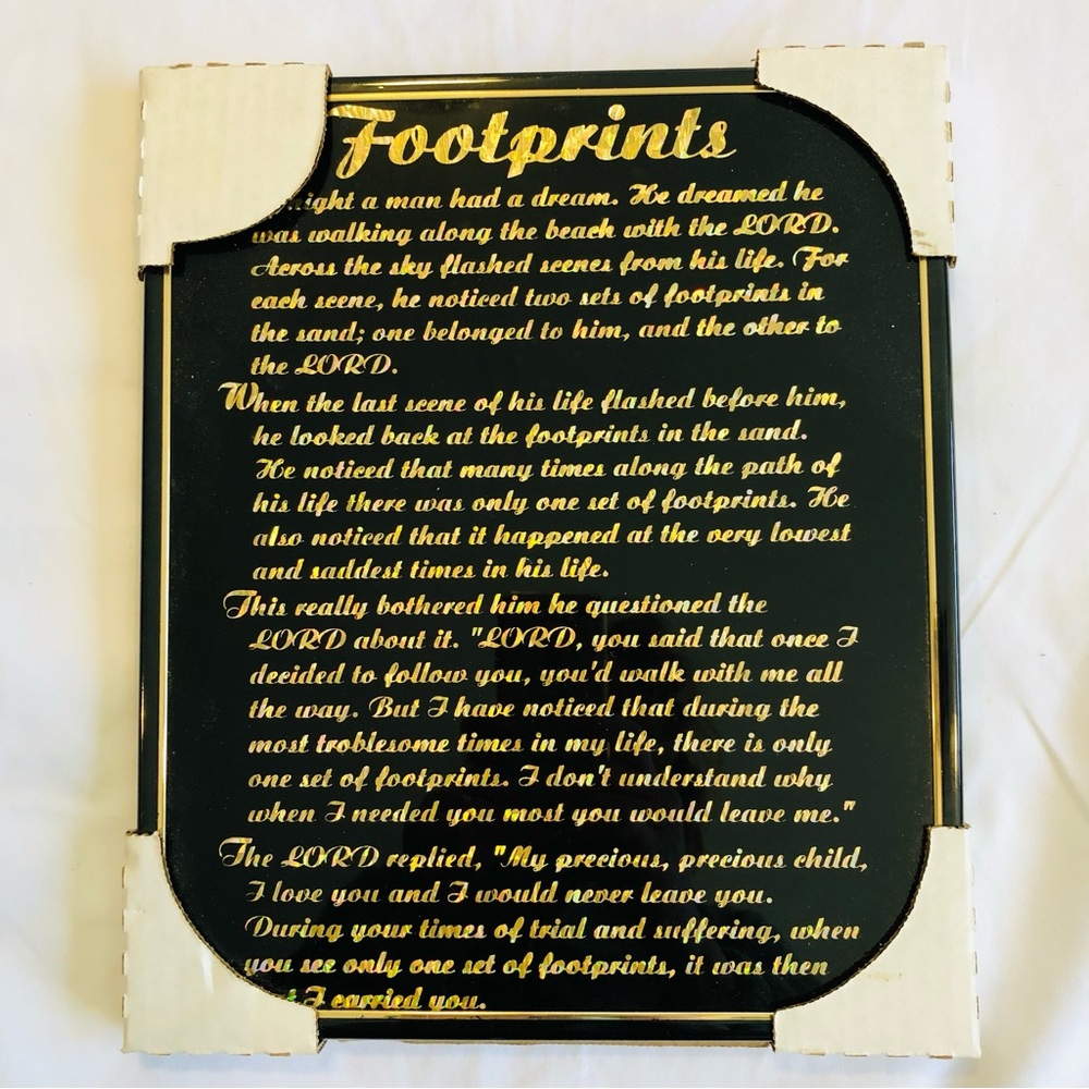Inspirational Footprints Poem Black and Gold Metal Framed Wall Plaque. 12” x 10”